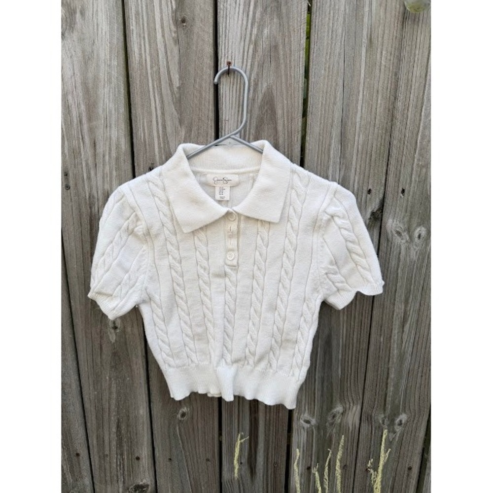 Preppy Old Money Jessica Simpson Cable Knit Polo M White Cropped ST22S387